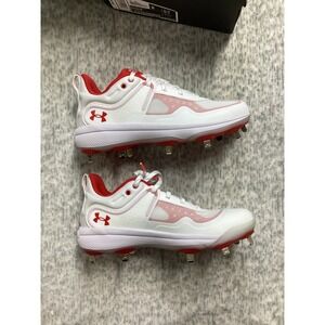 Under Armour Glyde MT Womens Softball Cleats White Red Metal Spike 3024328-102 8